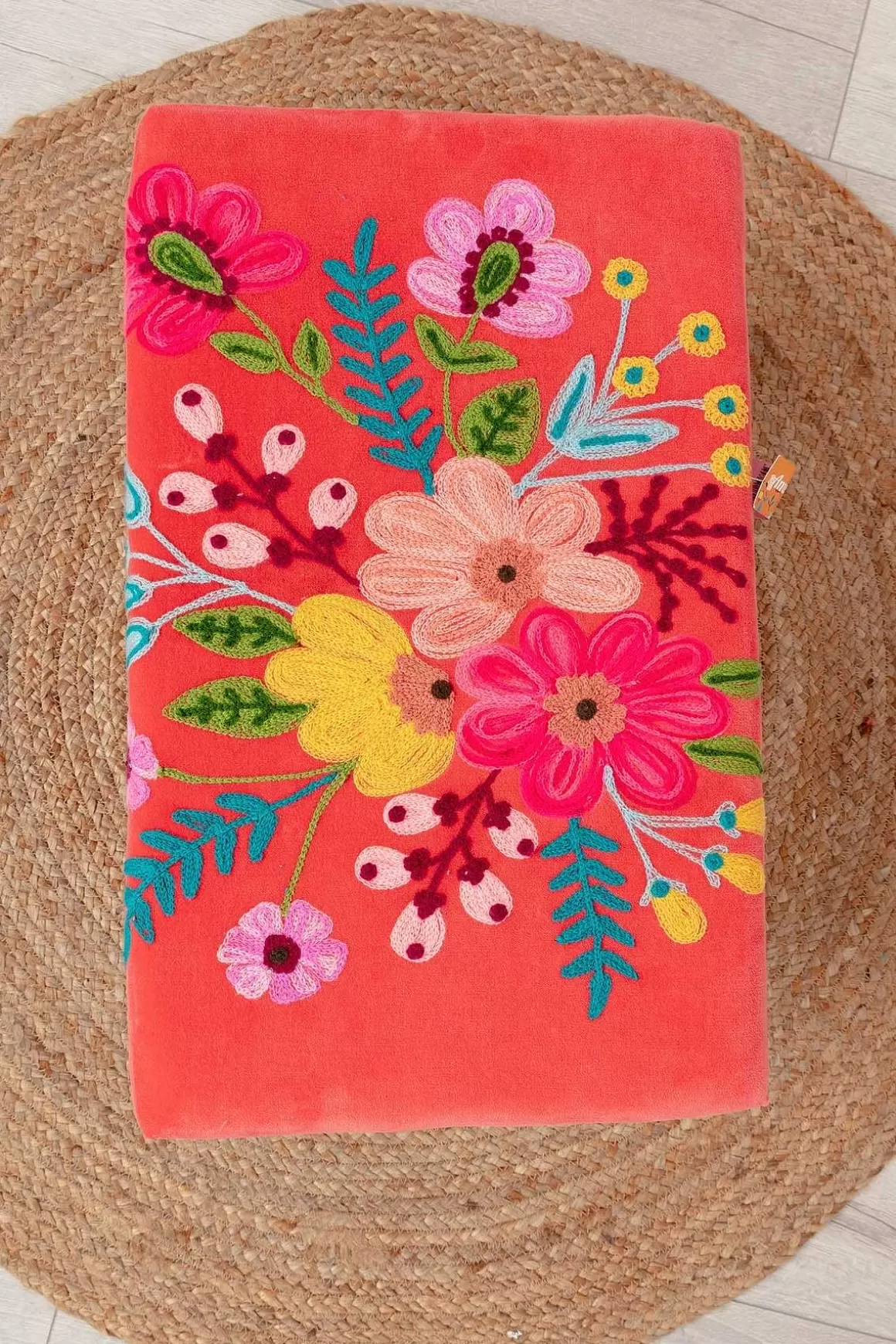 Carraig Donn HOME Coral Velvet Embroidered Floral Foot Stool Sale