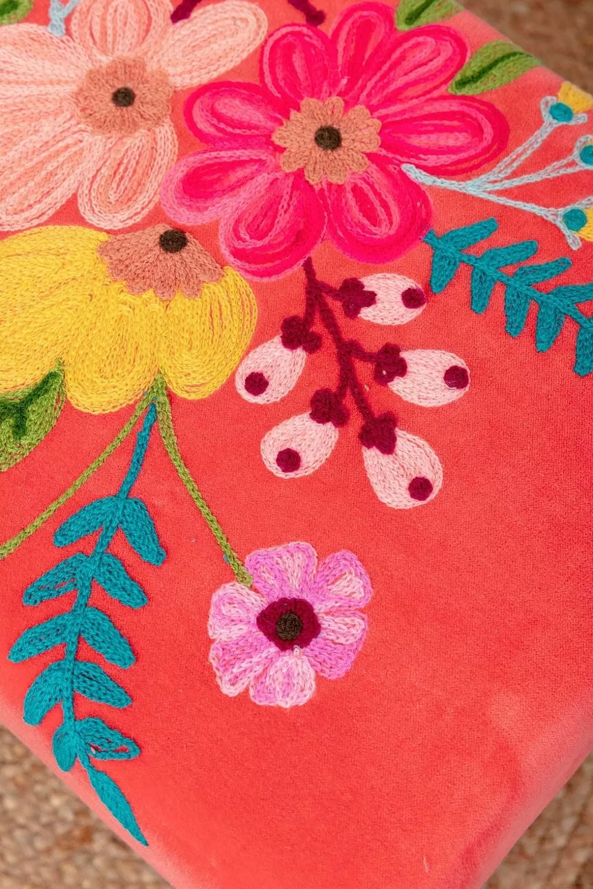 Carraig Donn HOME Coral Velvet Embroidered Floral Foot Stool Sale